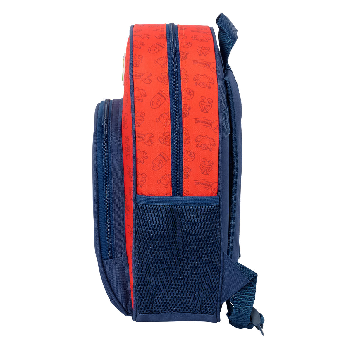 Roter und blauer Rucksack. Die Seitenansicht zeigt eine Tasche und eine Netztasche. Es hat ein Cartoon-Muster.