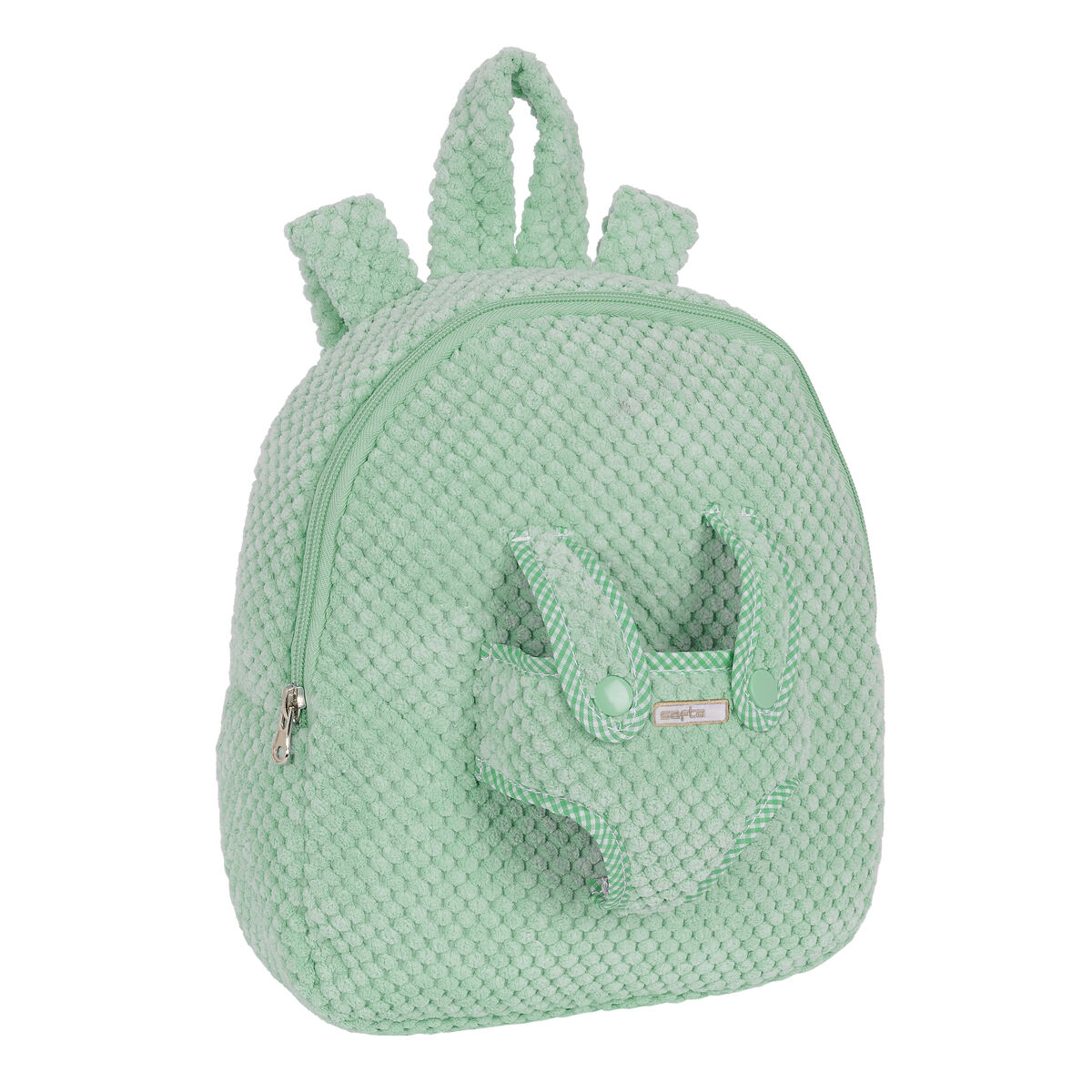 Ein mintgrüner, strukturierter Rucksack mit kleiner Tasche und Griff, isoliert auf Weiß.