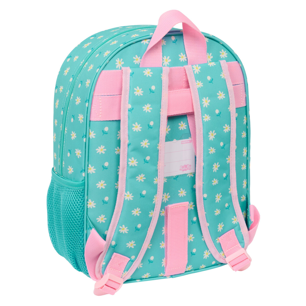 Ein hellblauer Rucksack mit Gänseblümchenmustern. Er hat rosa Träger und eine Seitentasche aus Netzstoff. Der Rücken hat ein Namensschildfeld.