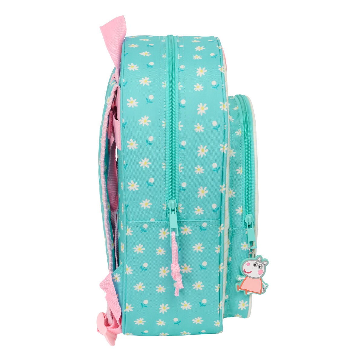 Türkisblauer Rucksack mit Gänseblümchenmuster und rosa Trägern. Ein Peppa Wutz-Anhänger hängt am Reißverschluss.