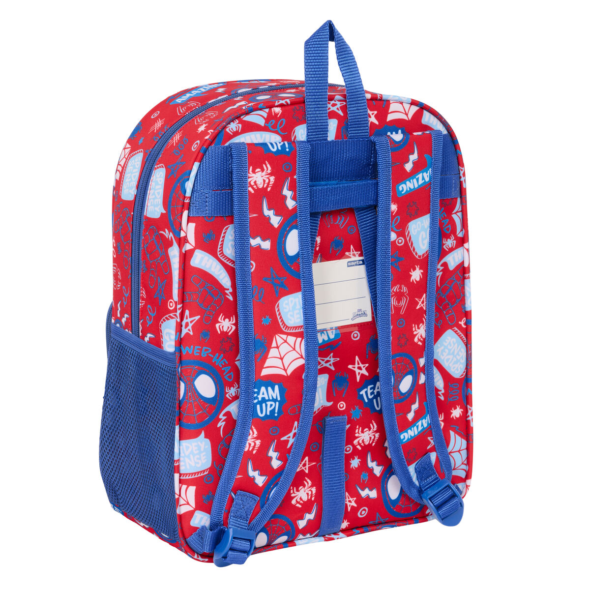 Roter Rucksack mit Spiderman-Design, blauen Trägern und einer seitlichen Netztasche. Rückansicht.