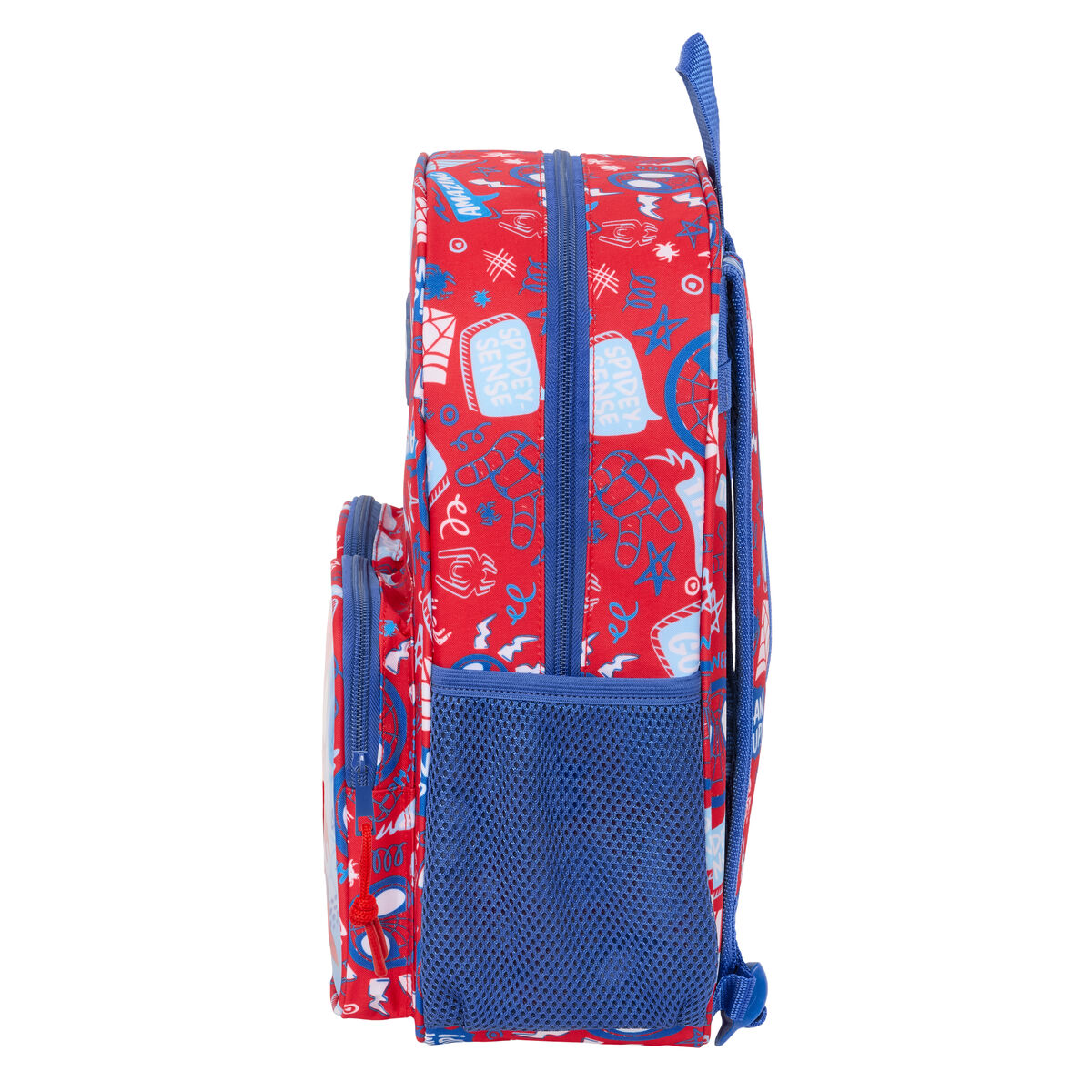 Roter Rucksack mit Spider-Man-Design, blauer Netztasche, blauen Reißverschlüssen und Griff.