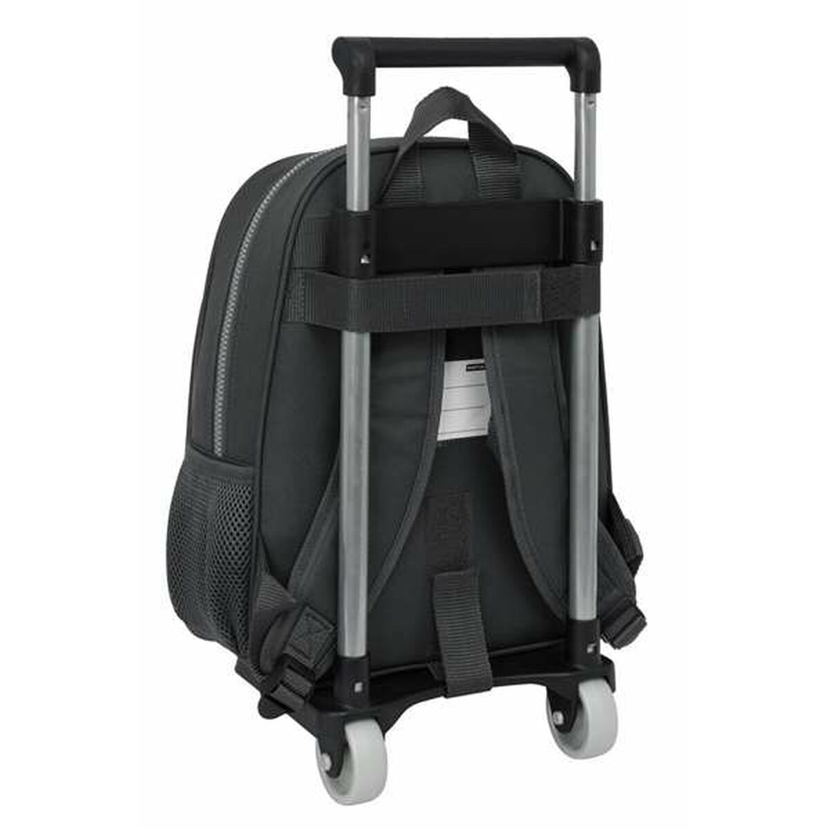 Ein grauer Rucksack auf Rädern. Der Rucksack hat einen Griff und Träger. Die Räder sind weiß.