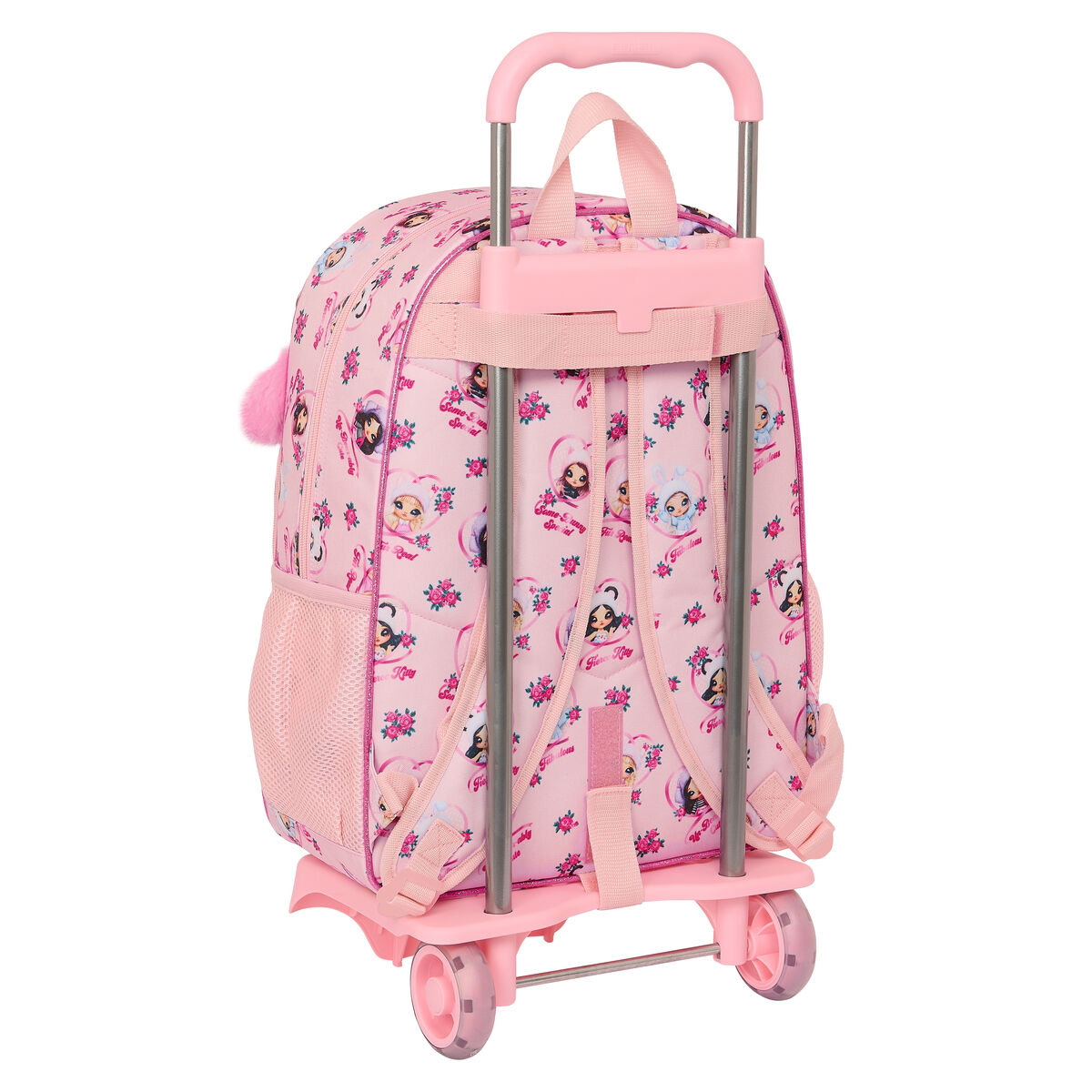 Zaino rosa con ruote con personaggi dei cartoni animati, su base rosa con ruote.