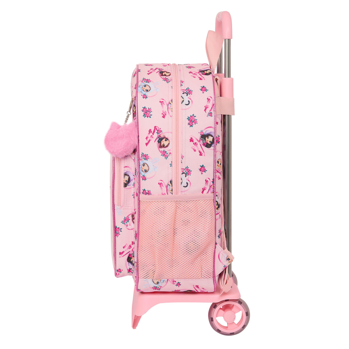 Zaino rosa con ruote a tema ballerina. Presenta tasche laterali e un pompon.