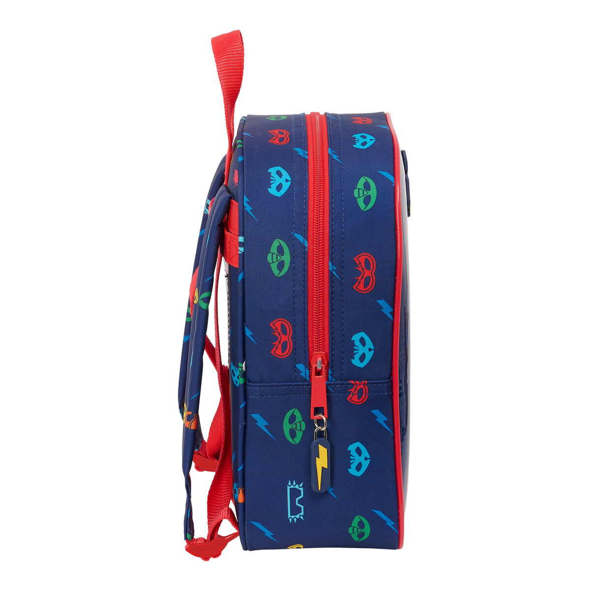 Blauer Rucksack mit bunten Maskenmustern und rotem Reißverschluss, Seitenansicht.