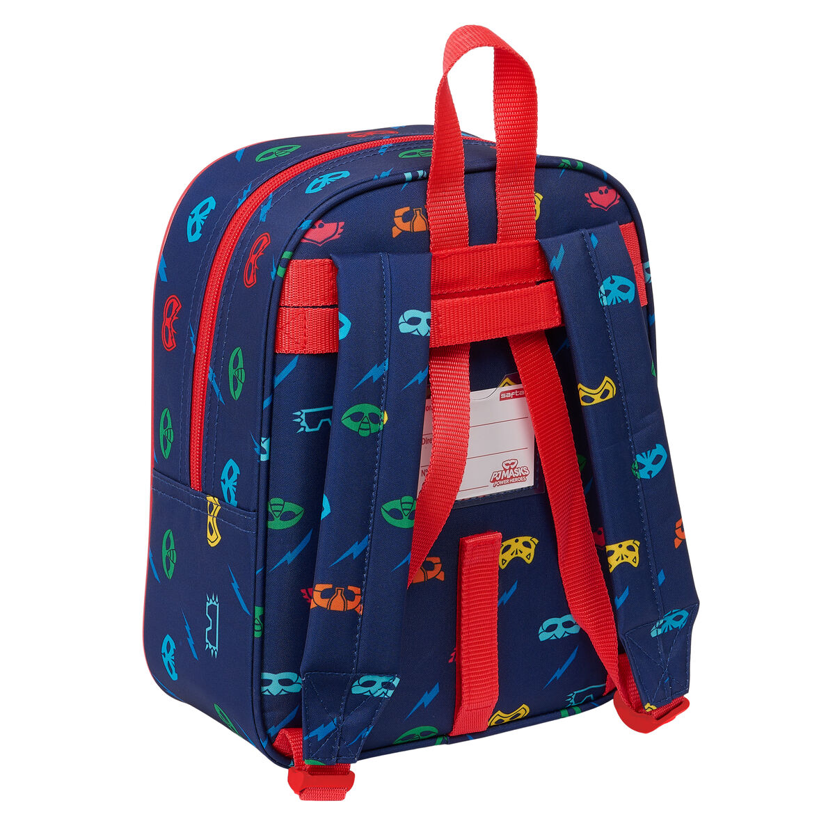 Blauer Rucksack mit bunten Maskenmustern und roten Trägern, Rückansicht.