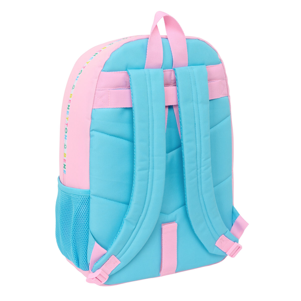 Ein rosa und blauer Rucksack mit den Worten BENETTON-BENE und einer seitlichen Netztasche.