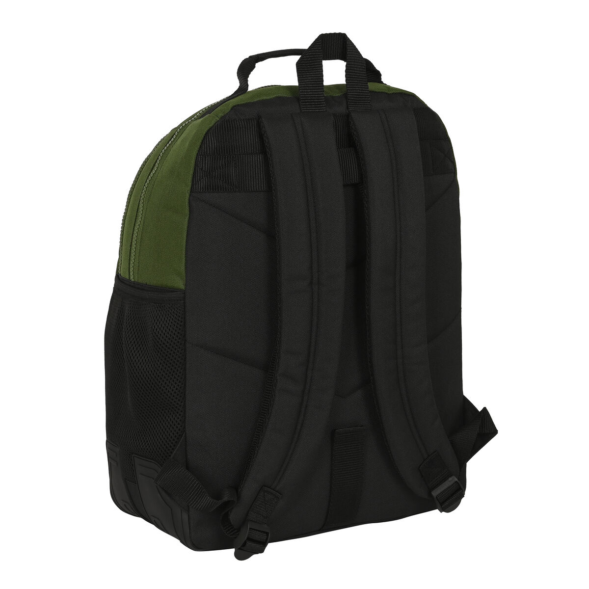 Grüner und schwarzer Rucksack, Rückansicht. Mit grünem Oberteil, schwarzem Körper, Netztasche und Riemen.