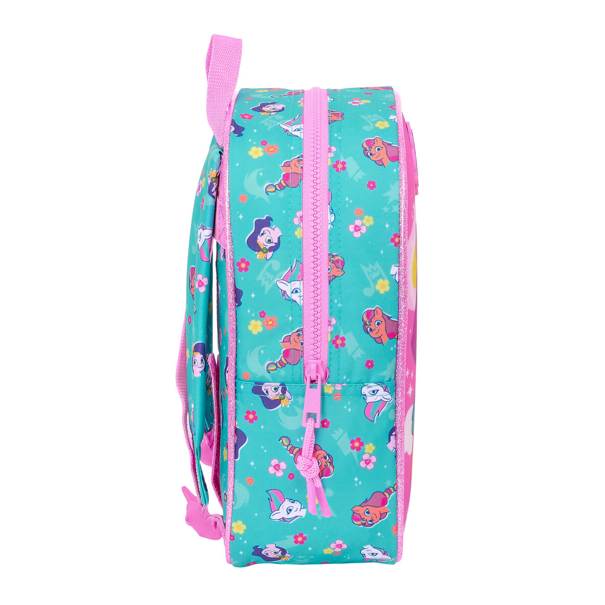 Rucksack, türkis mit rosa Besatz. Zeigt Cartoon-Charaktere und einen rosa Reißverschluss an der Seite.