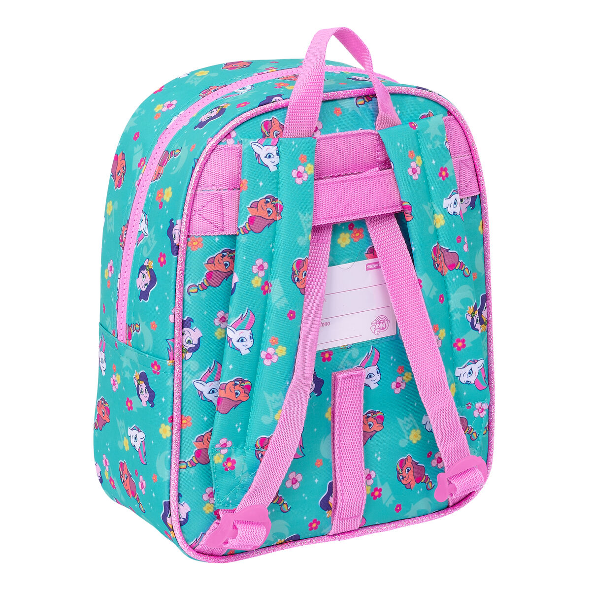 Rosa-türkisfarbener Cartoon-Rucksack mit My Little Pony-Figuren und Blumenmustern.