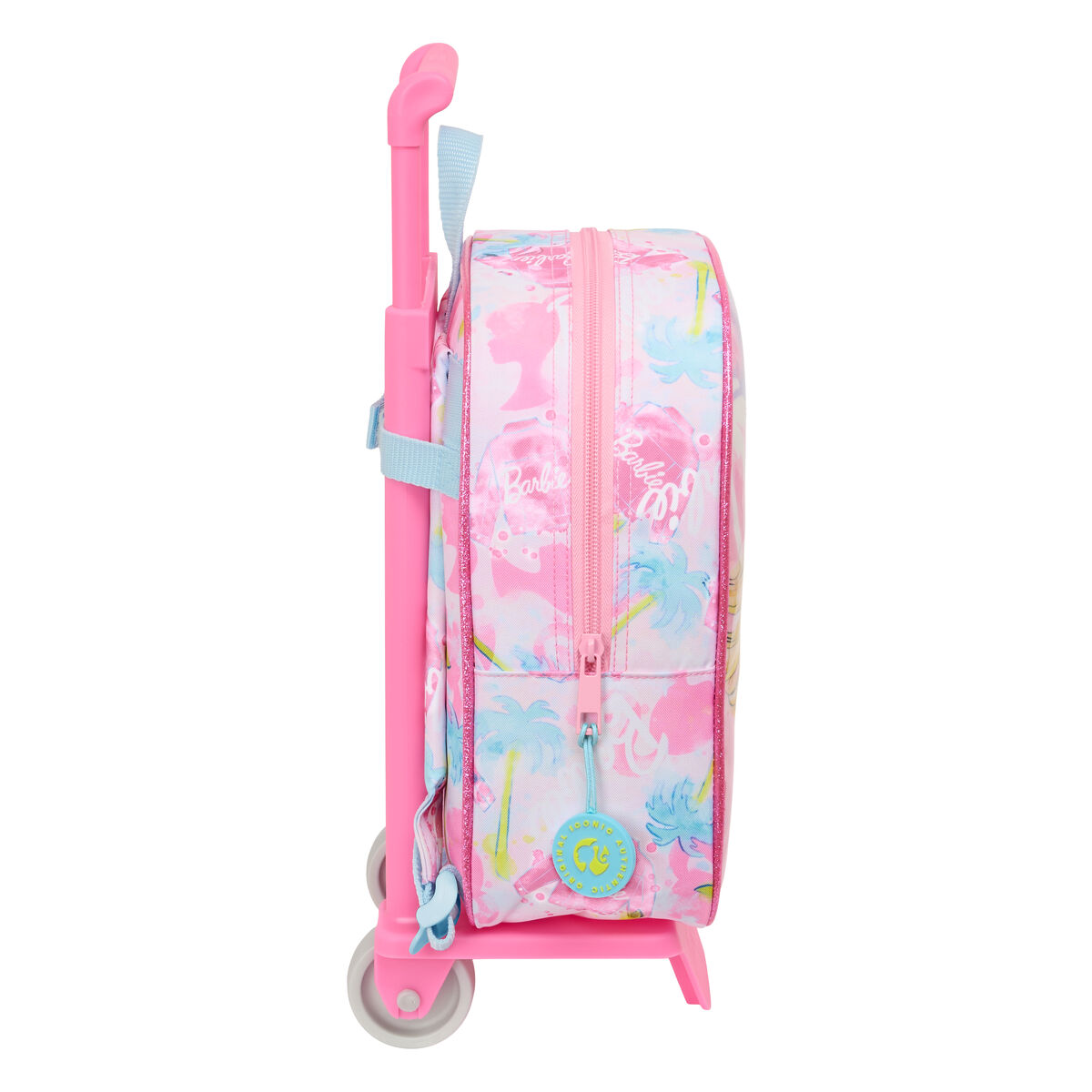 Eine pinkfarbene Barbie-Koffer auf Rädern, Seitenansicht. Der Koffer hat einen rosa Reißverschluss und Barbie-Logos.