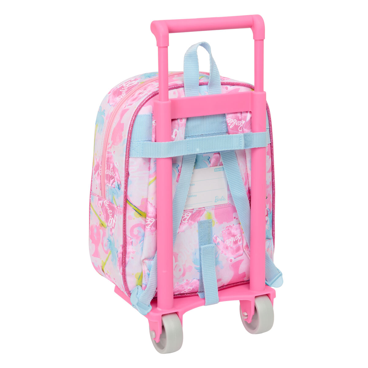 Barbie-Rollrucksack mit rosa und blauen Mustern, blauen Trägern und rosa Rädern. Das Barbie-Logo ist sichtbar.