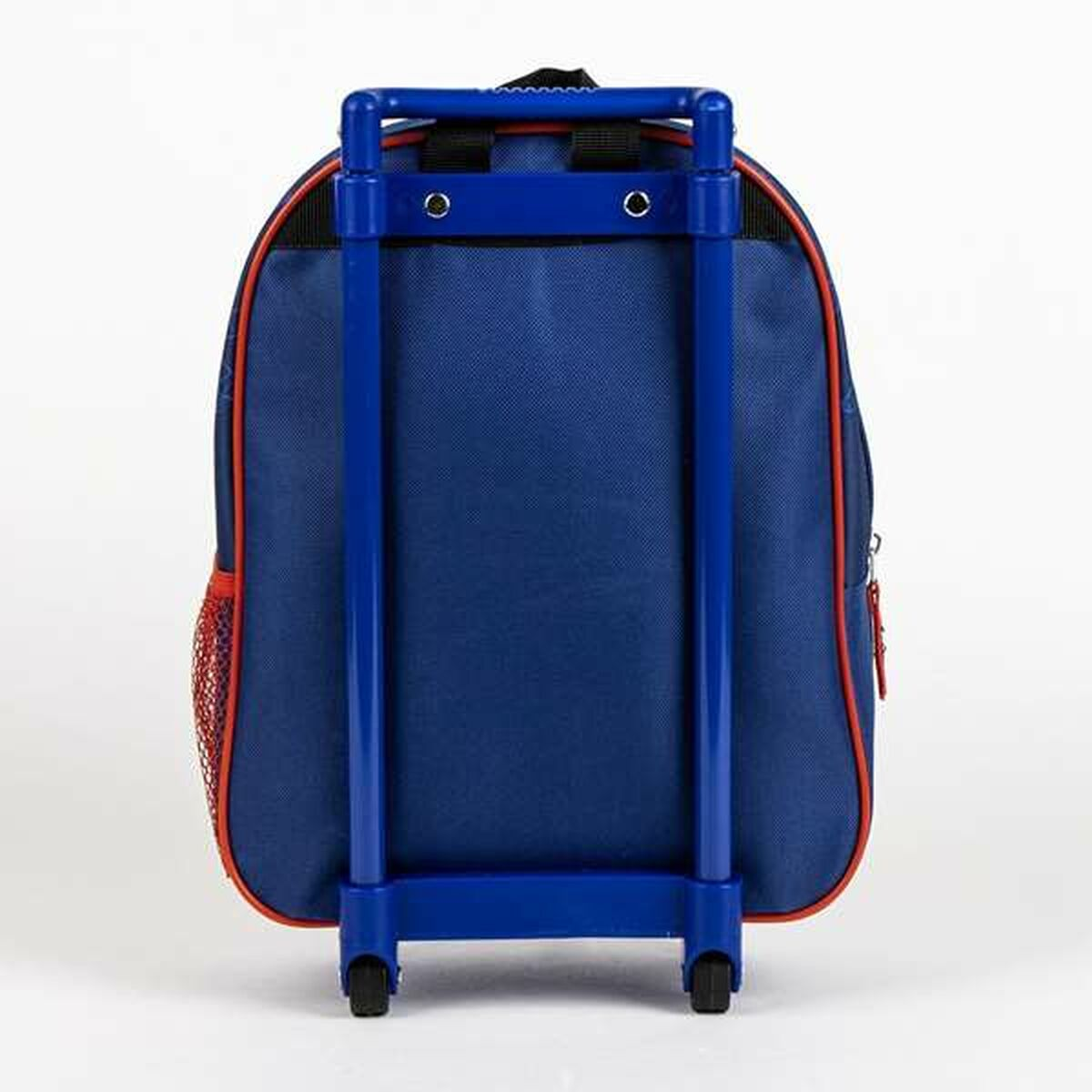 Blauer Rollrucksack mit roter Zierleiste und blauem Griff.