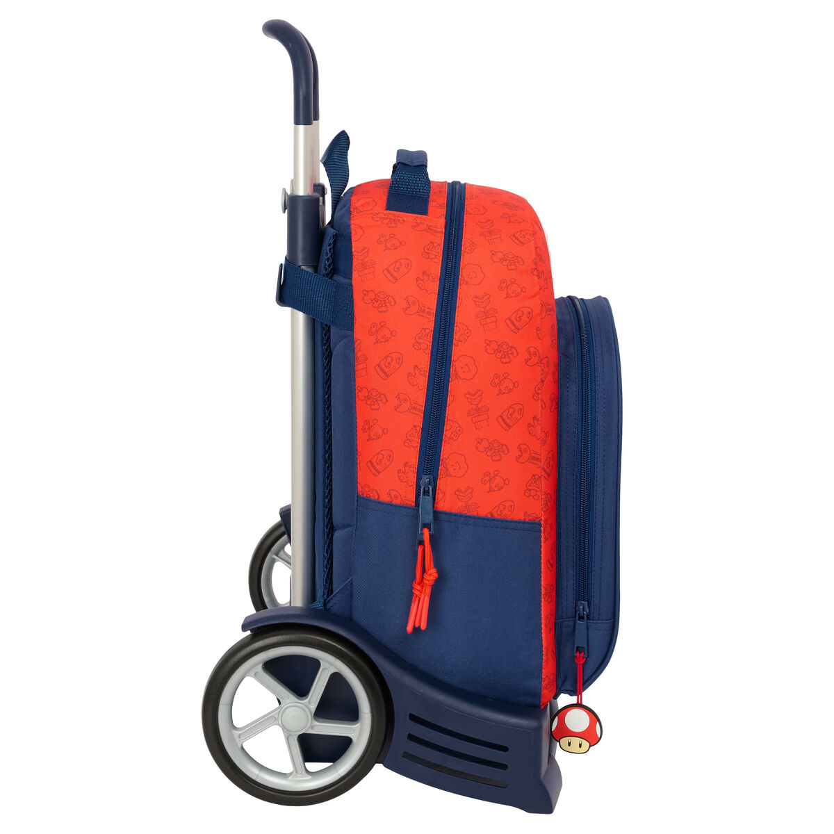 Roter und blauer Rollrucksack. Cartoon-Design, schwarzer Griff, Räder. Seitenansicht. Weißer Hintergrund.