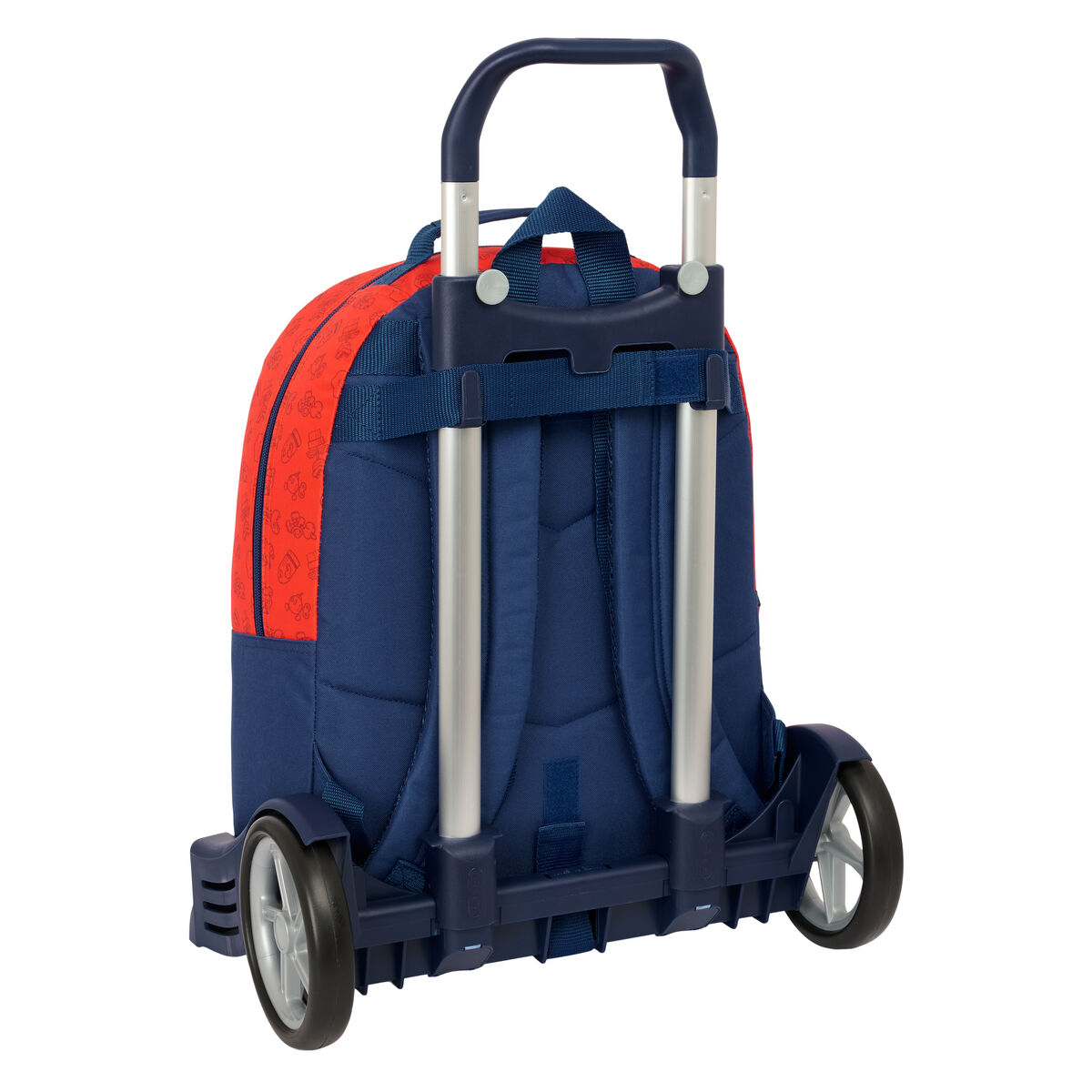 Rollender Rucksack, rot und blau, Räder sichtbar. Rückansicht.