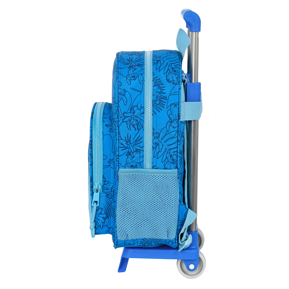 Blauer Rollrucksack mit floralem Design, Seitenansicht. Er hat einen Griff und Räder.