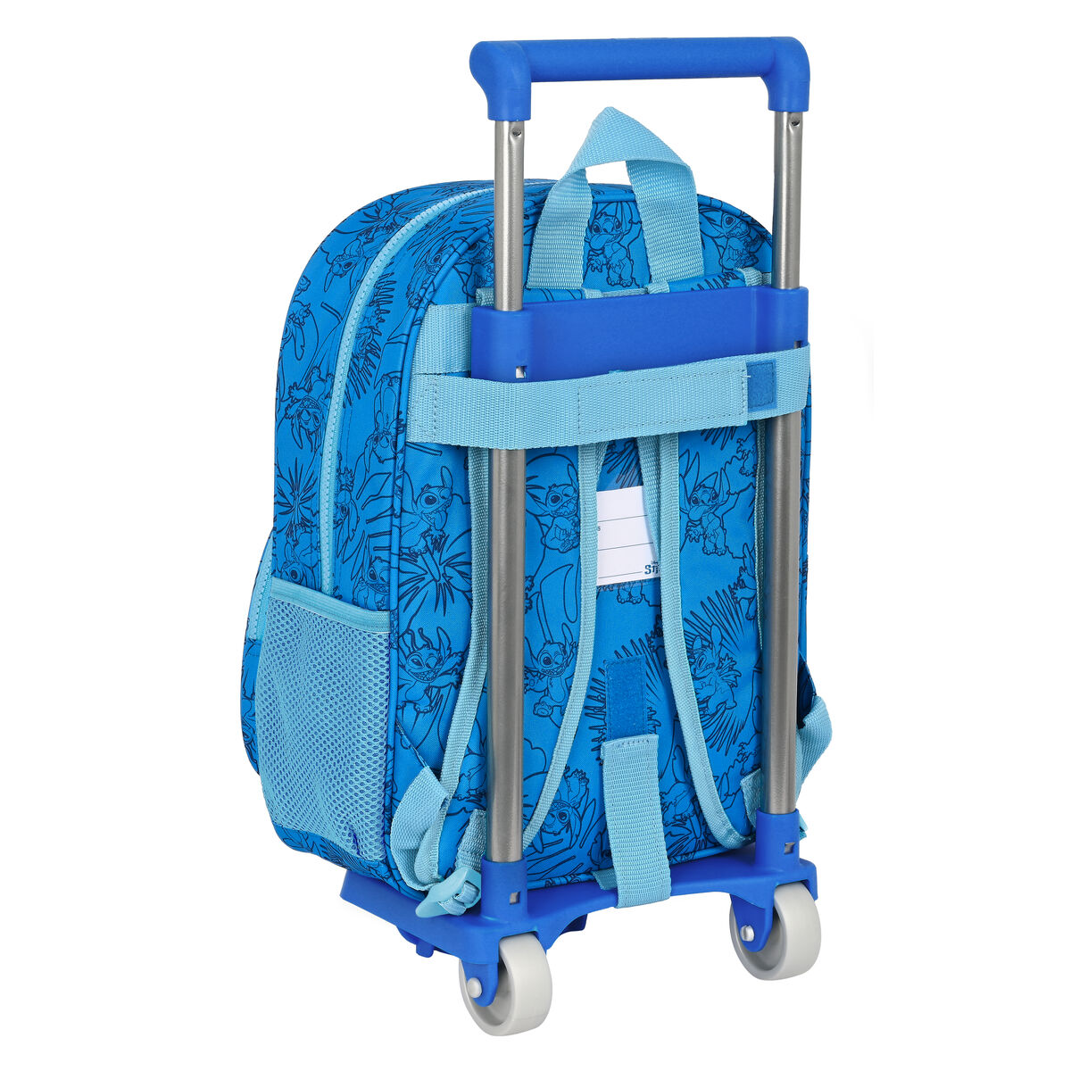 Blauer rollender Rucksack mit Cartoon-Design. Er hat einen Griff und zwei Räder.