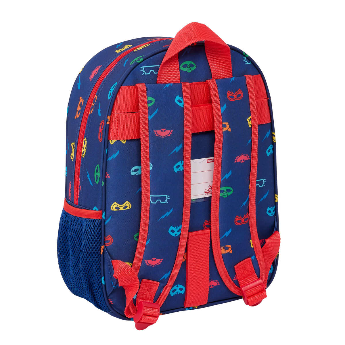 Blauer Rucksack mit Maskenmotiven. Rote Träger und Reißverschluss. Blaue Netztasche seitlich.