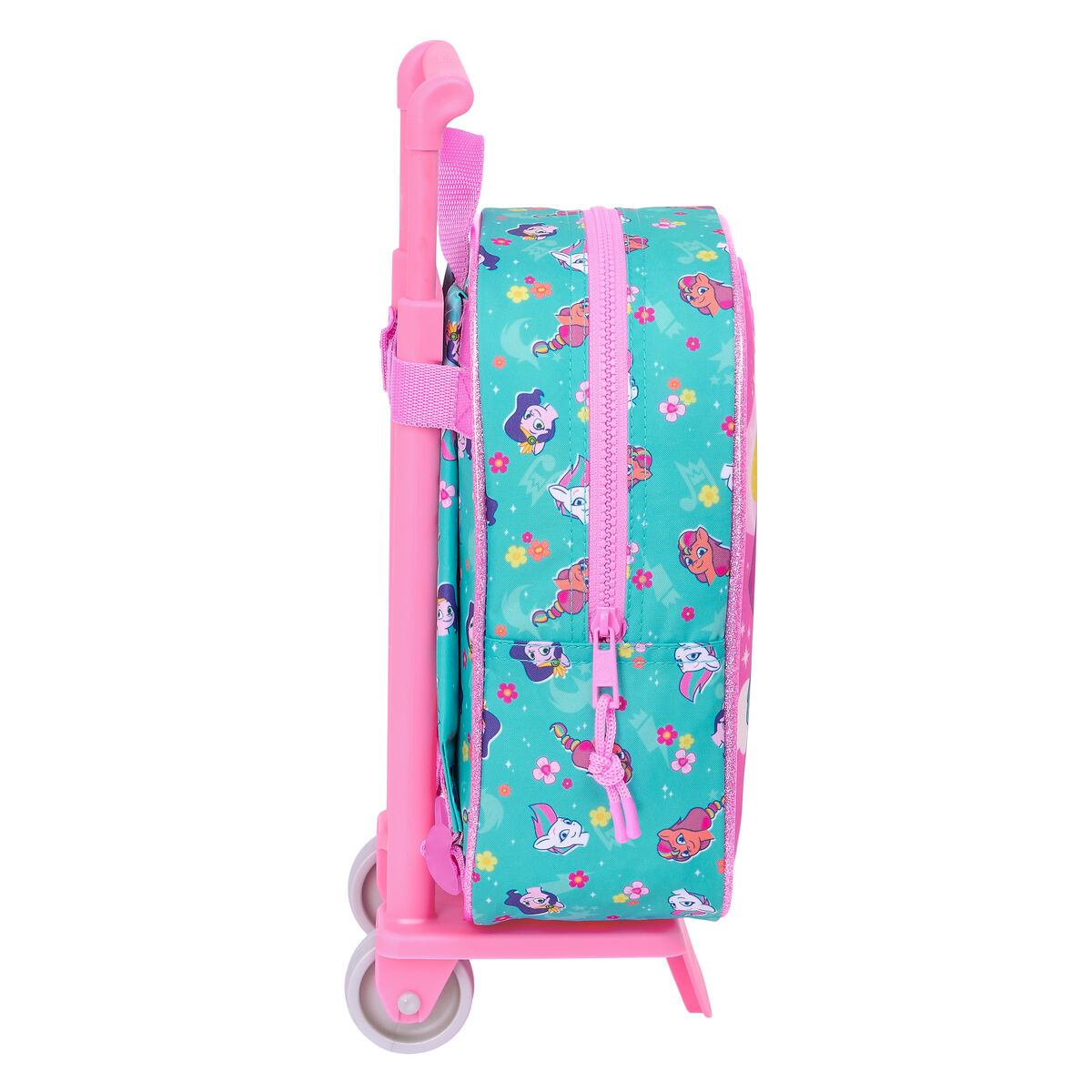 Ein Rollrucksack mit einem Zeichentrickdesign von Blumen und Zeichentrickfiguren.