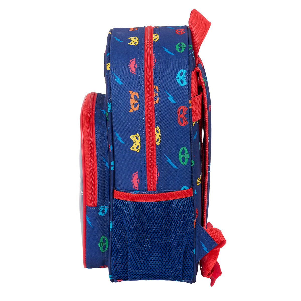 Blauer Rucksack mit bunten Cartoonfiguren, roten Reißverschlüssen und Seitentasche.