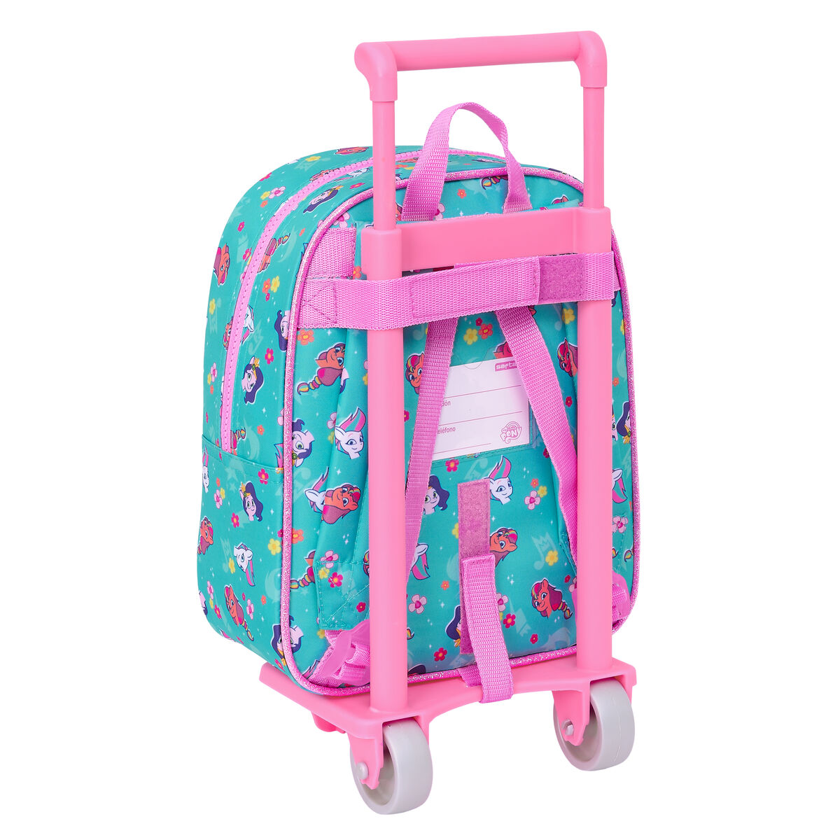 Türkis-rosa Rollrucksack mit Cartoonfiguren und Blumen, mit rosa Griff und Rädern.