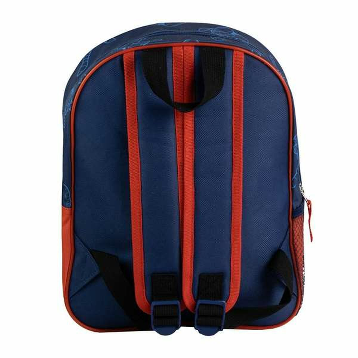 Blauer Rucksack mit roten Trägern und Akzenten, schwarzen Trägern und roter Netztasche.