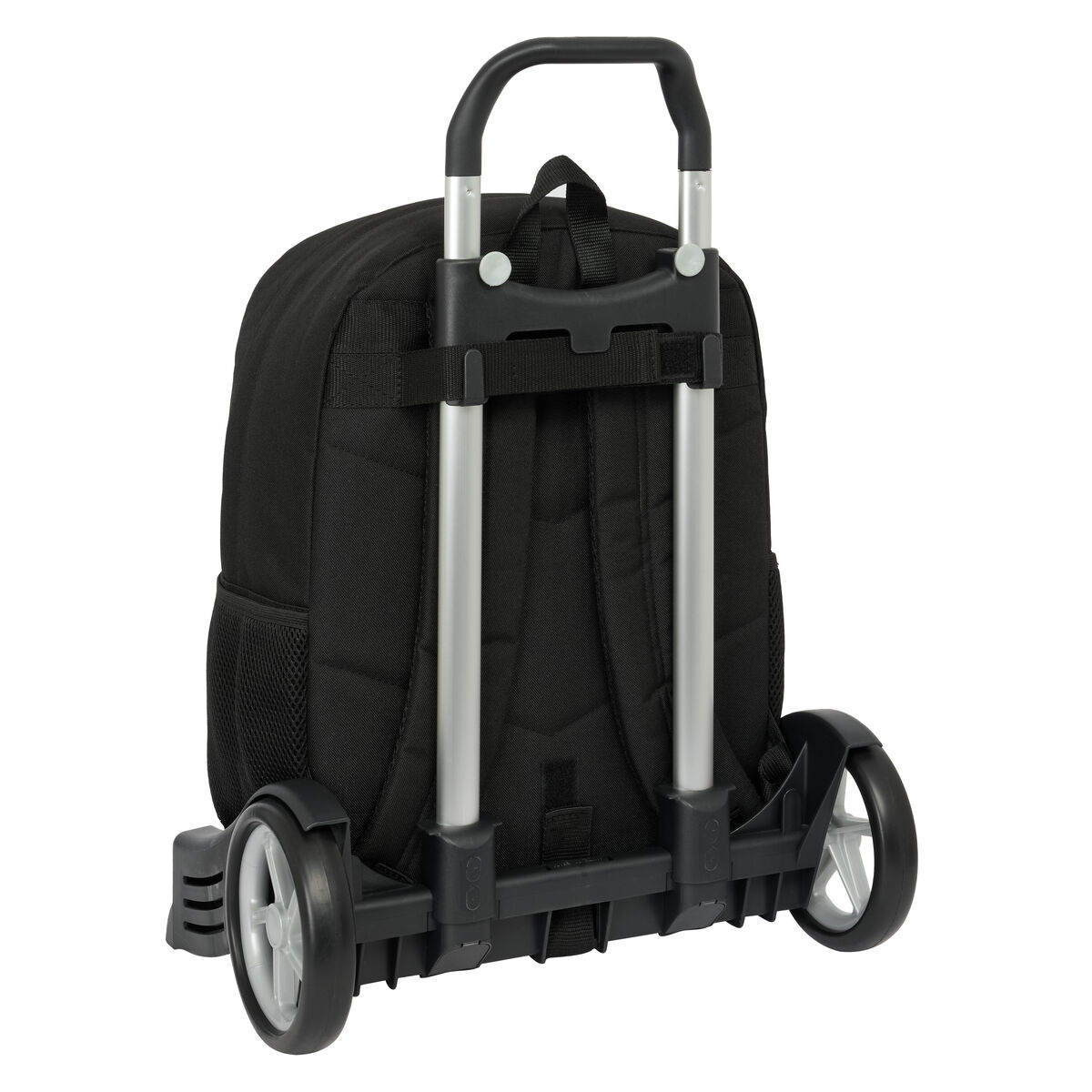 Schwarzer Rucksack mit Rollen, Rückansicht, mit Rädern und ausziehbarem Griff.