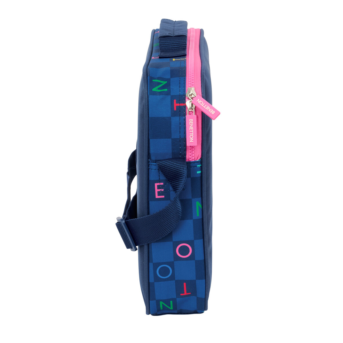 Benetton blaue Tasche mit pinkfarbenem Reißverschluss, Karomuster, bunten Buchstaben.