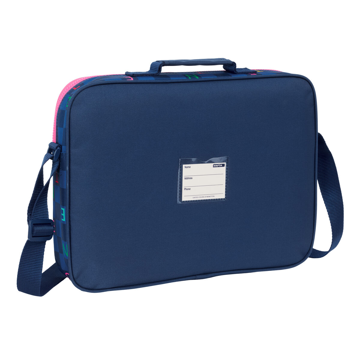Blaue Aktentasche mit pinkfarbenem Reißverschluss. Die Aktentasche hat einen Griff.