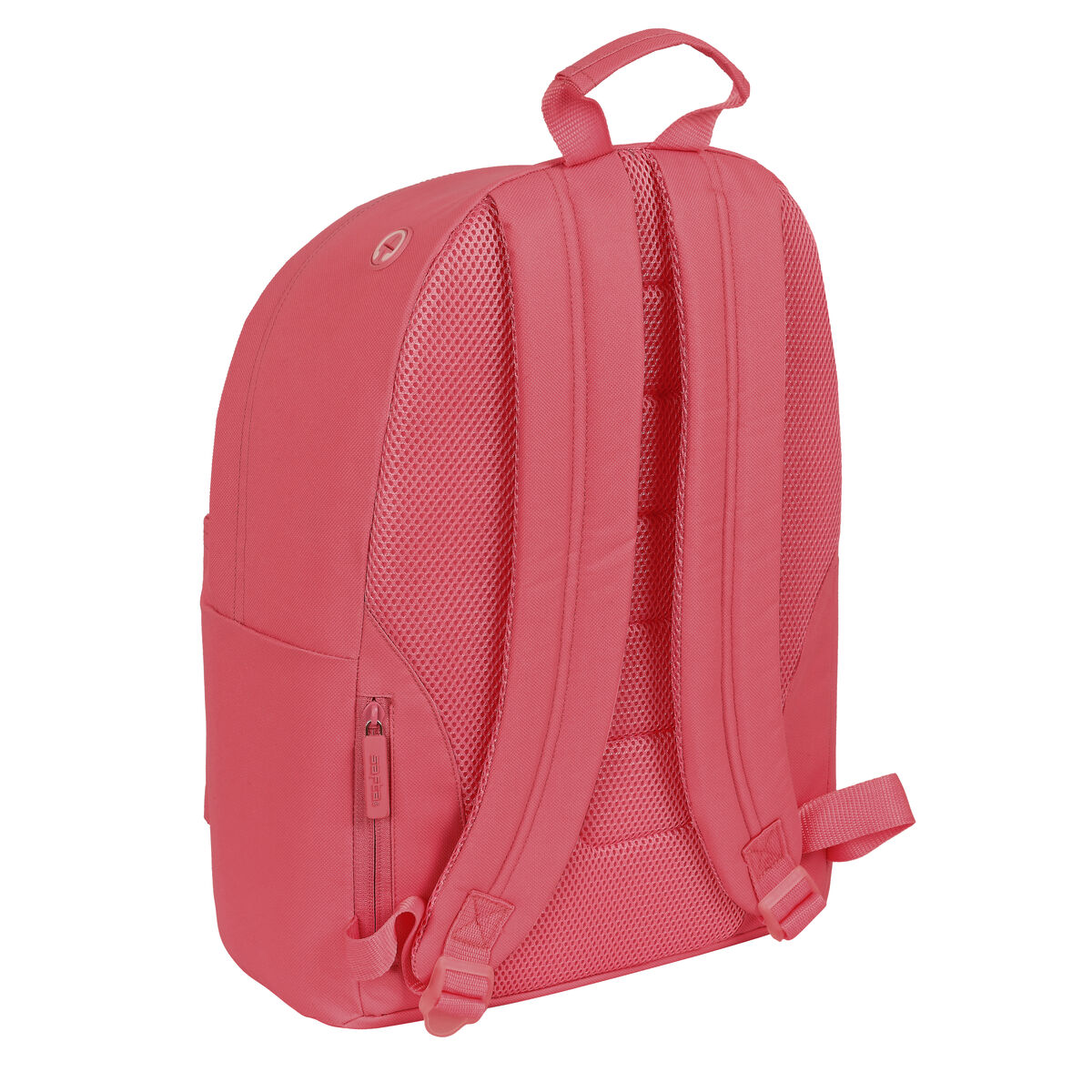 Rosa Rucksack mit Reißverschlusstasche und Mesh-Riemen.
