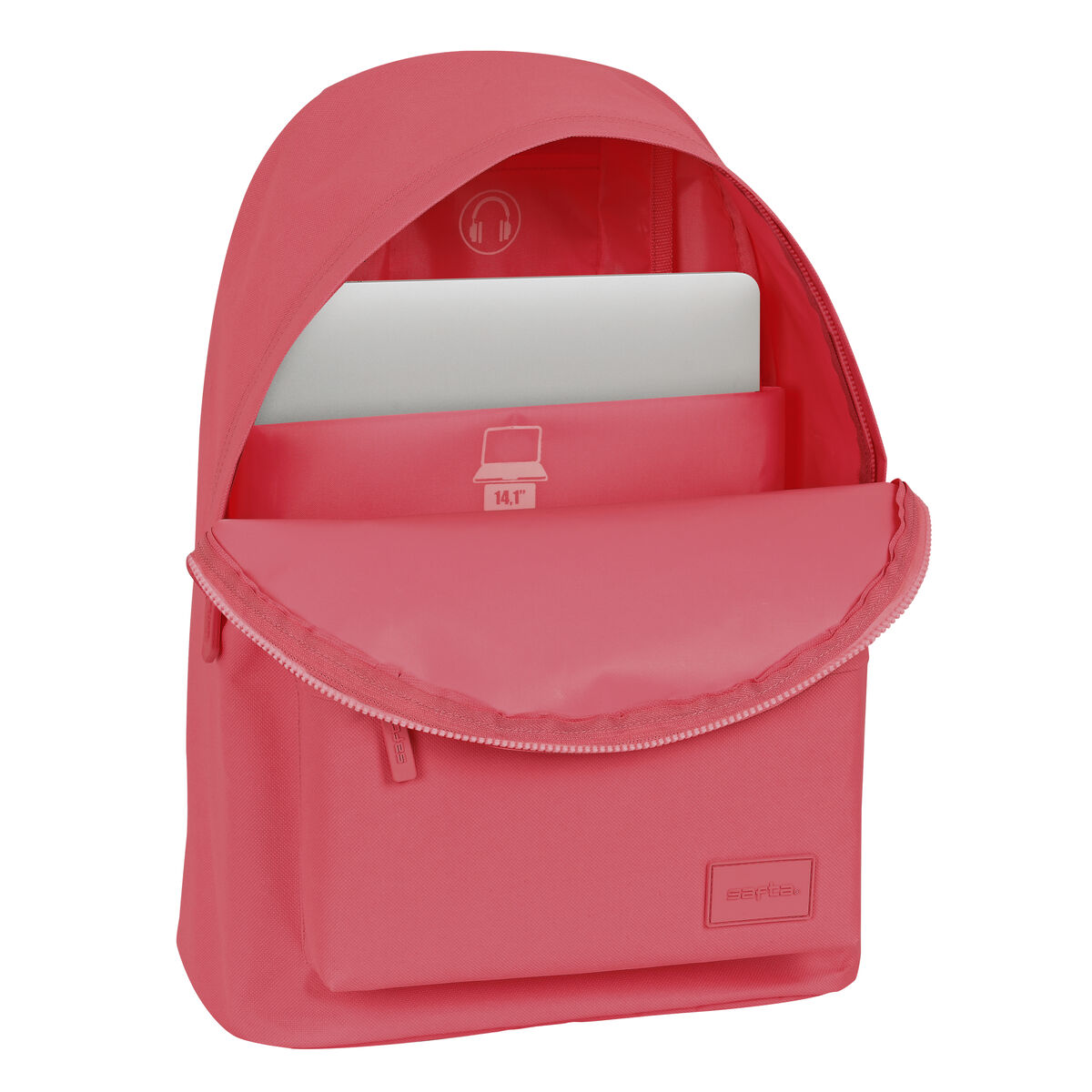 Pinker Rucksack geöffnet, Laptop innen. Der Rucksack hat eine Seitentasche und einen Reißverschluss.