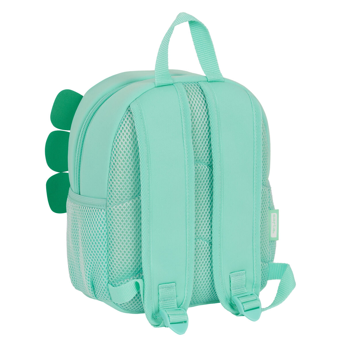 Mochila verde menta con tres aletas dorsales. Vista trasera, bolsillos laterales de malla y correas visibles.