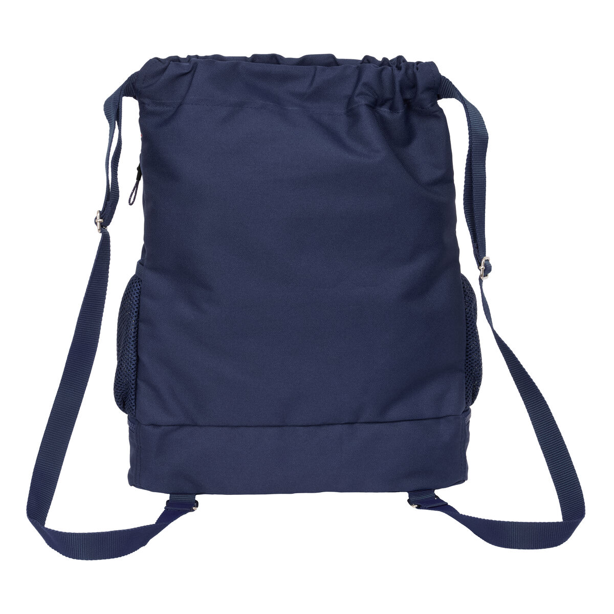 Marineblauer Rucksack mit Kordelzug und Netztaschen. Schultergurte sind sichtbar.
