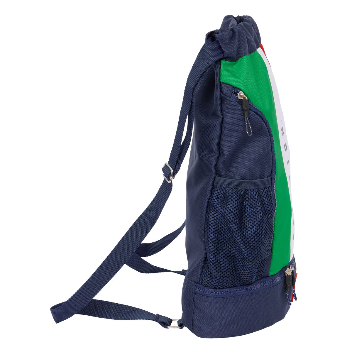 Ein dunkelblauer Rucksack mit grünen, weißen und roten Streifen und einer Seitentasche.