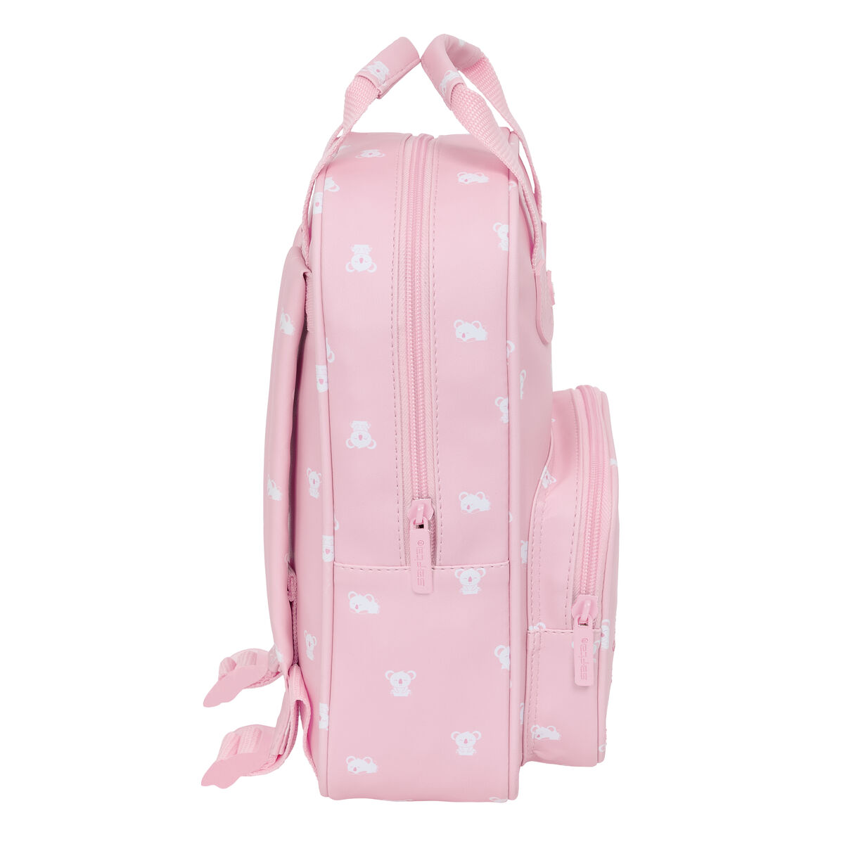 Ein rosa Rucksack mit weißen Koala-Prints. Der Rucksack hat Reißverschlüsse und Seitentaschen.