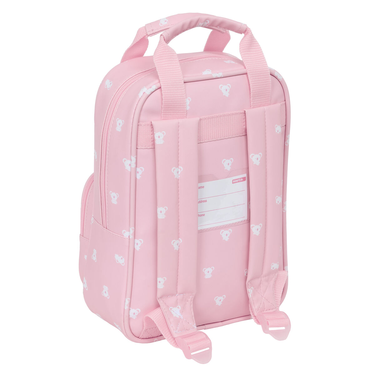 Rosa Rucksack mit Koala-Muster, zwei Trägern und einem kleinen Etikett. Rückansicht.