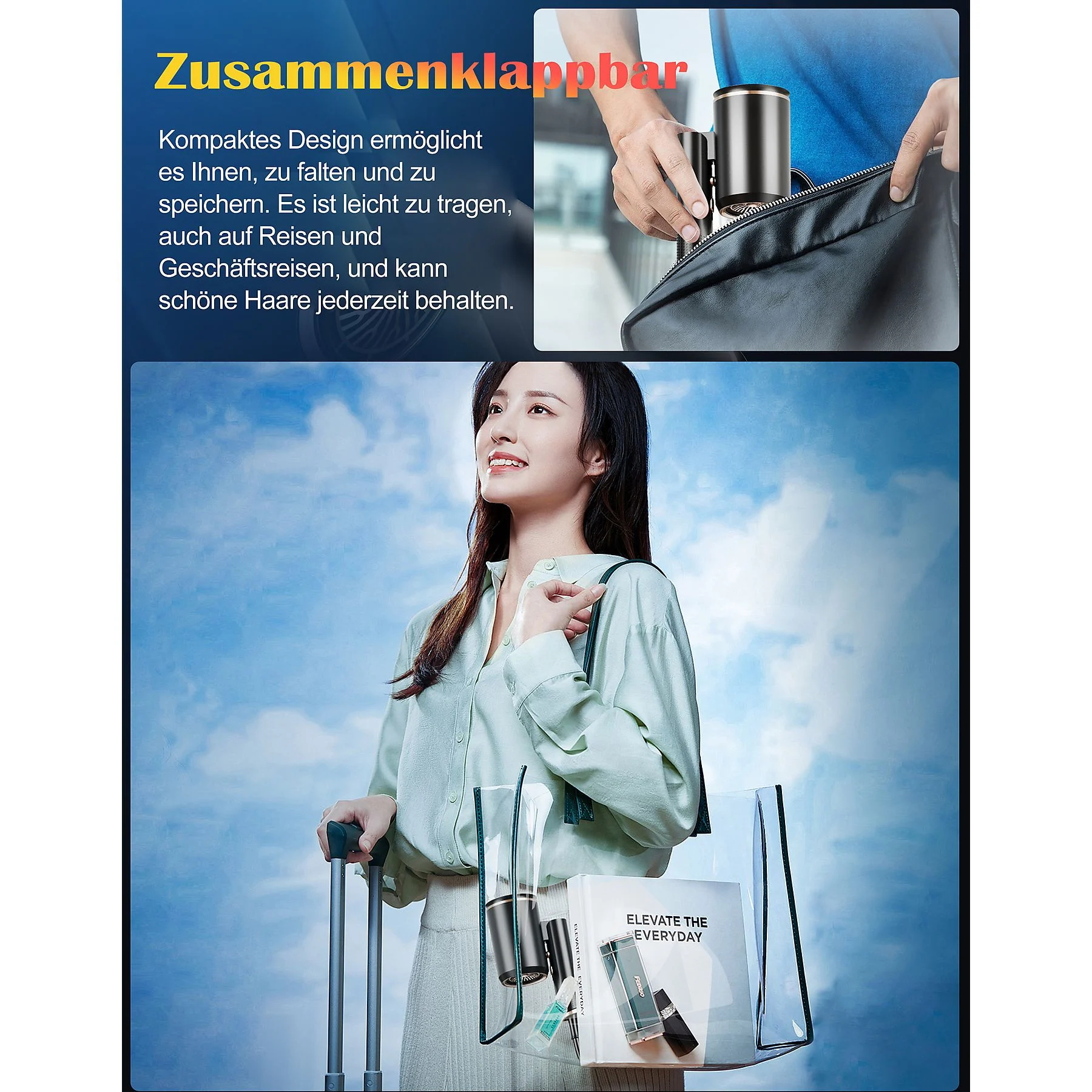 Frau mit transparentem Shopper, Haarglätter, lächelnd, mit blauem Himmel im Hintergrund.