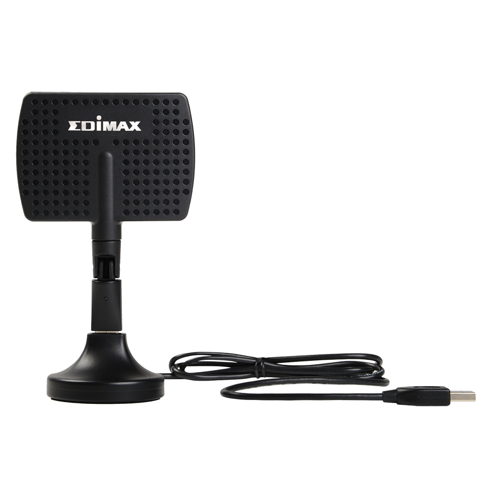 Una antena WiFi Edimax negra está de pie. Tiene una cabeza cuadrada y un cable USB.