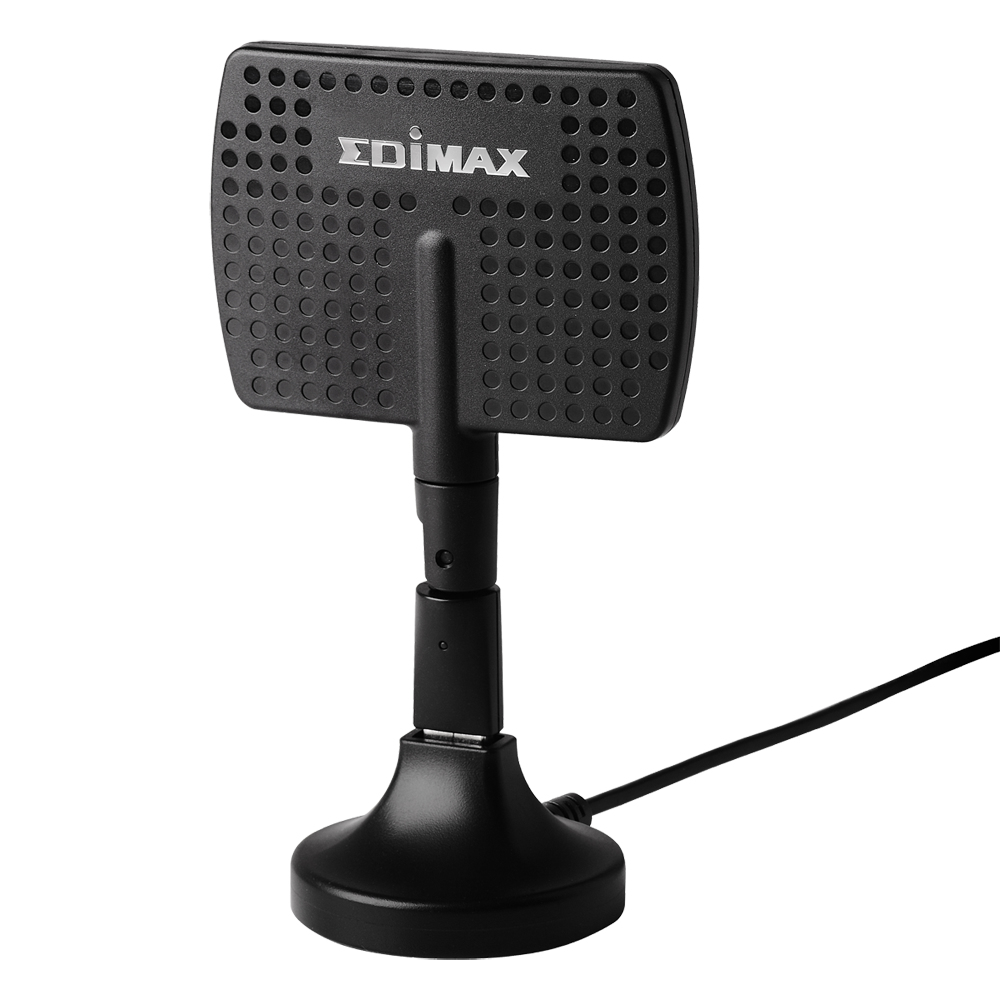 Antena negra con base redonda y soporte. La marca es EDIMAX.