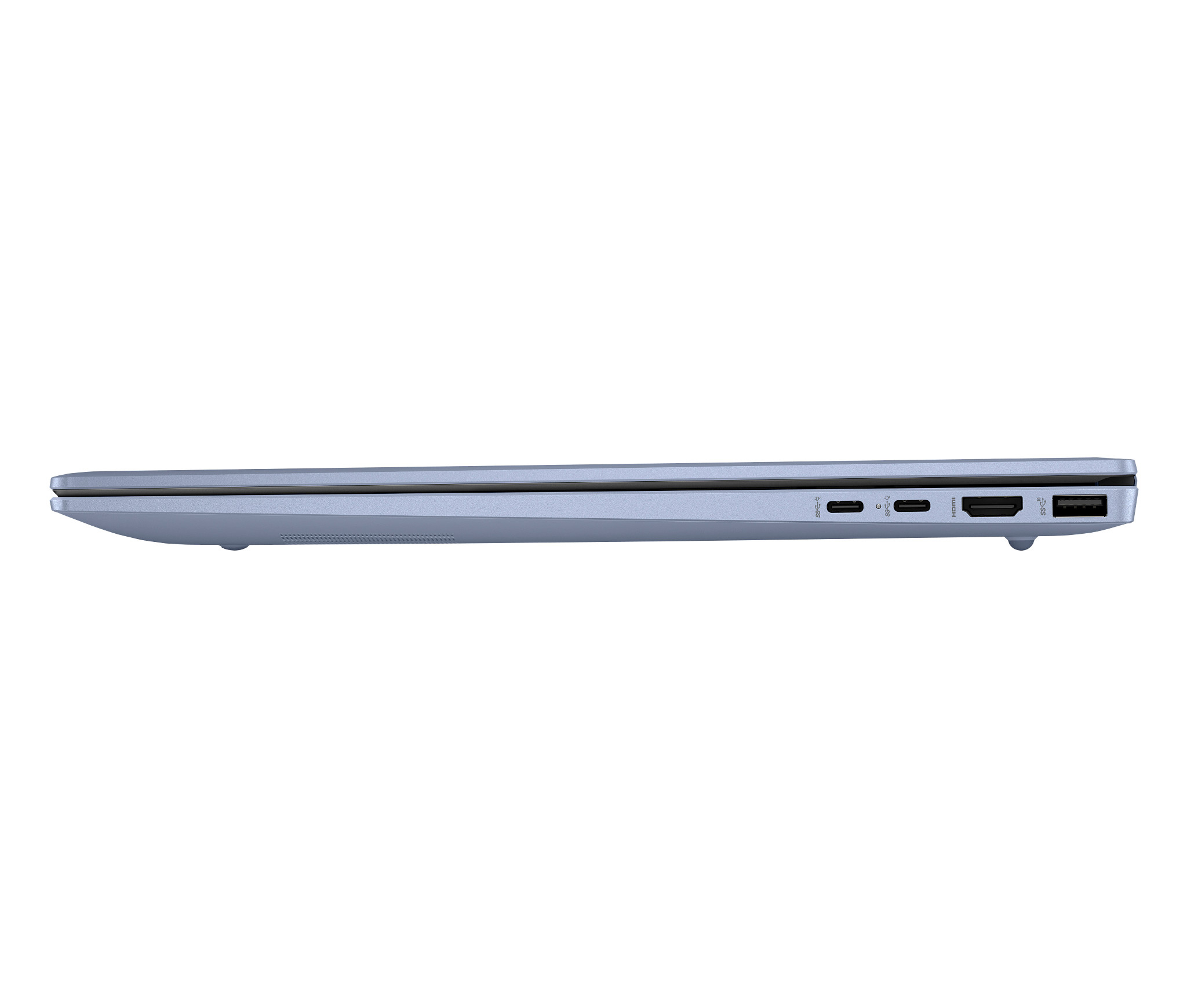 Laptop, vista lateral. Color azul claro. Puertos visibles: USB-C, HDMI y USB.