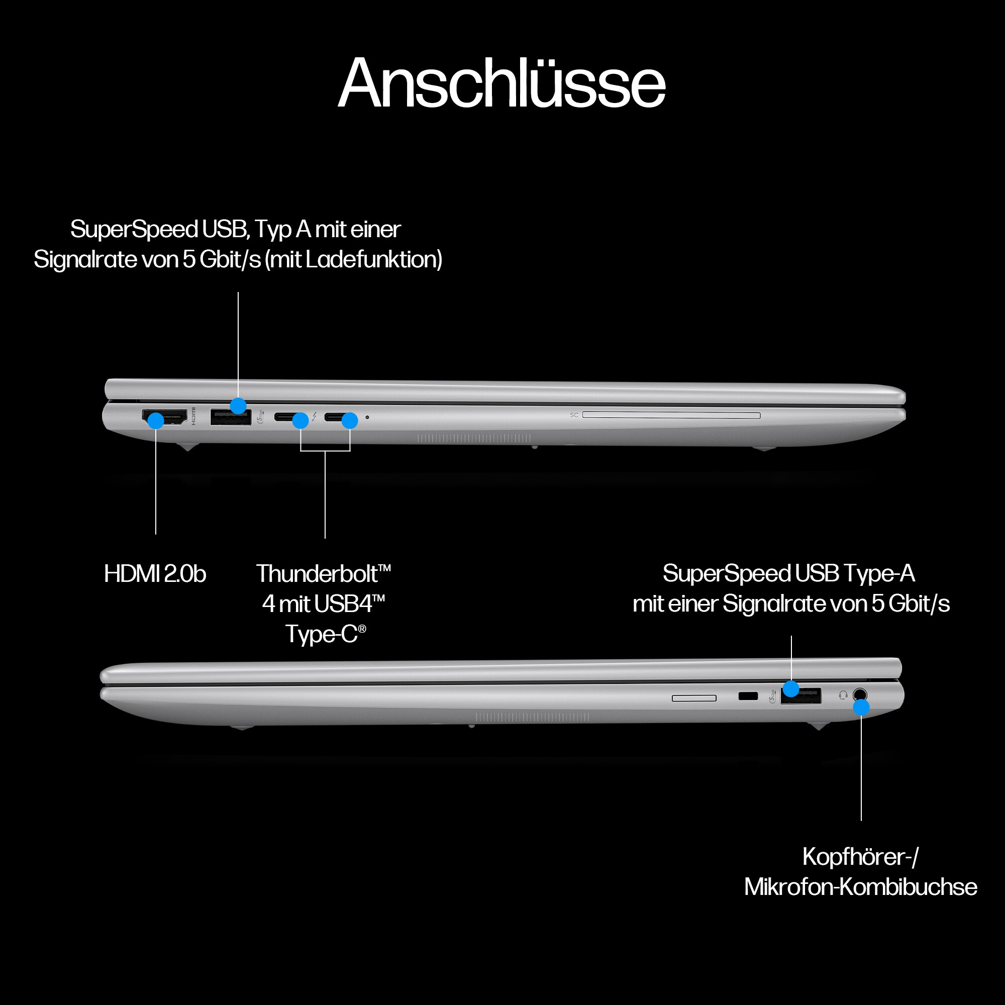 Porty laptopa. HDMI, Thunderbolt, USB i gniazdo słuchawkowe. Srebrny, czarne tło.
