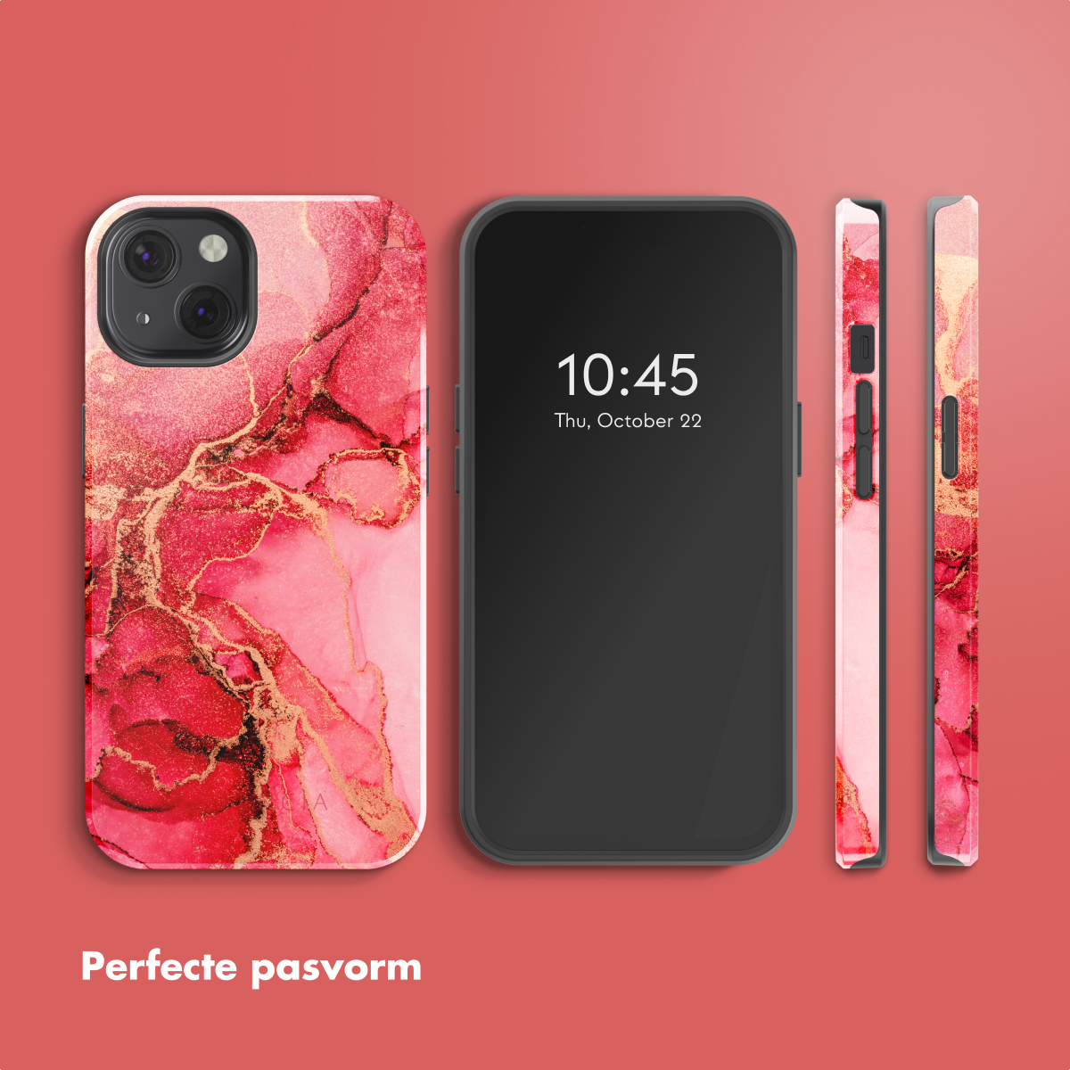 Telefoonhoesje met marmerdesign, roze en gouden kleuren, telefoonscherm.
