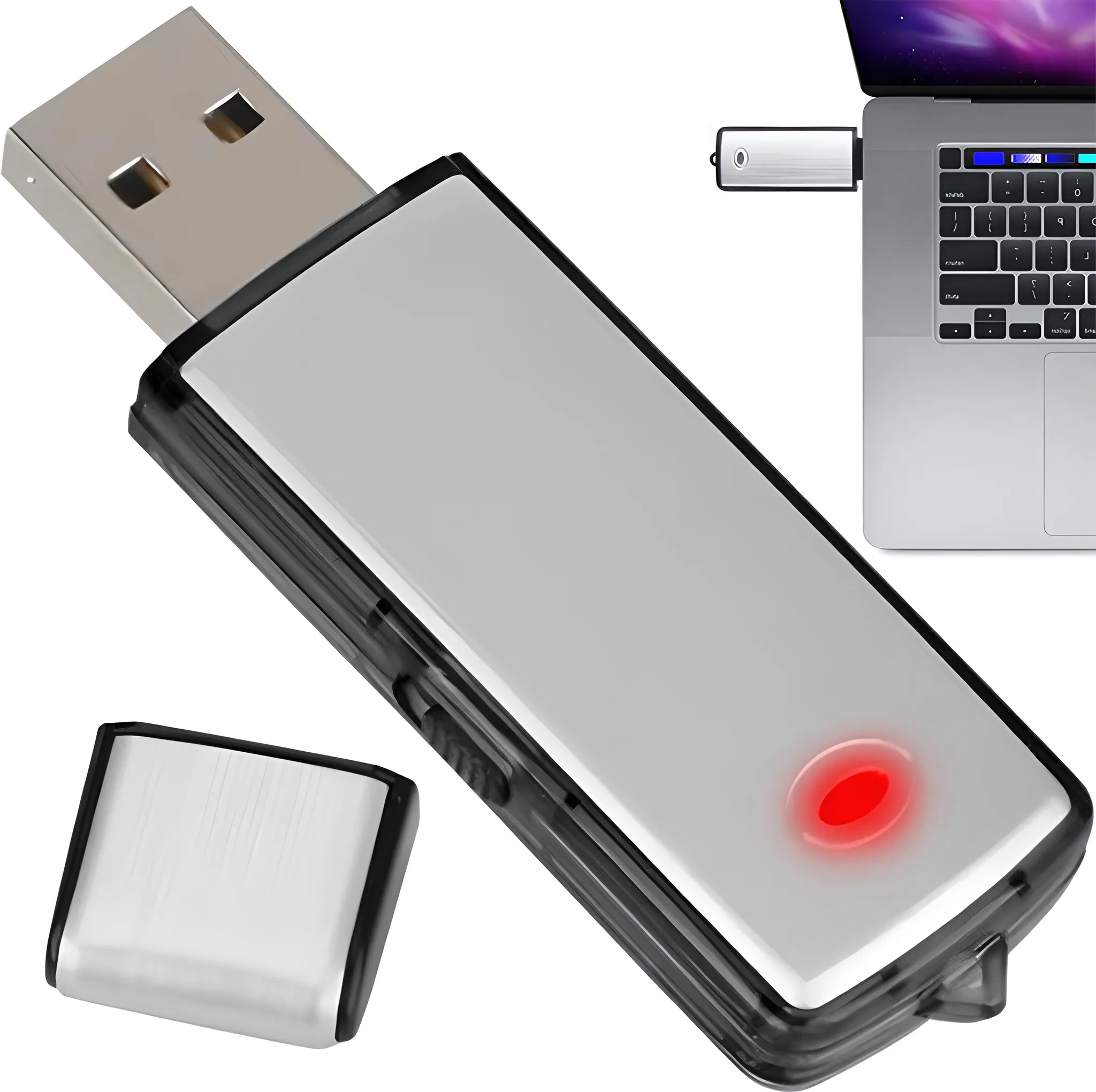 Ein silberner USB-Stick mit rotem Licht und abgenommenem Deckel. Zeigt auch den Stick an einem Laptop.