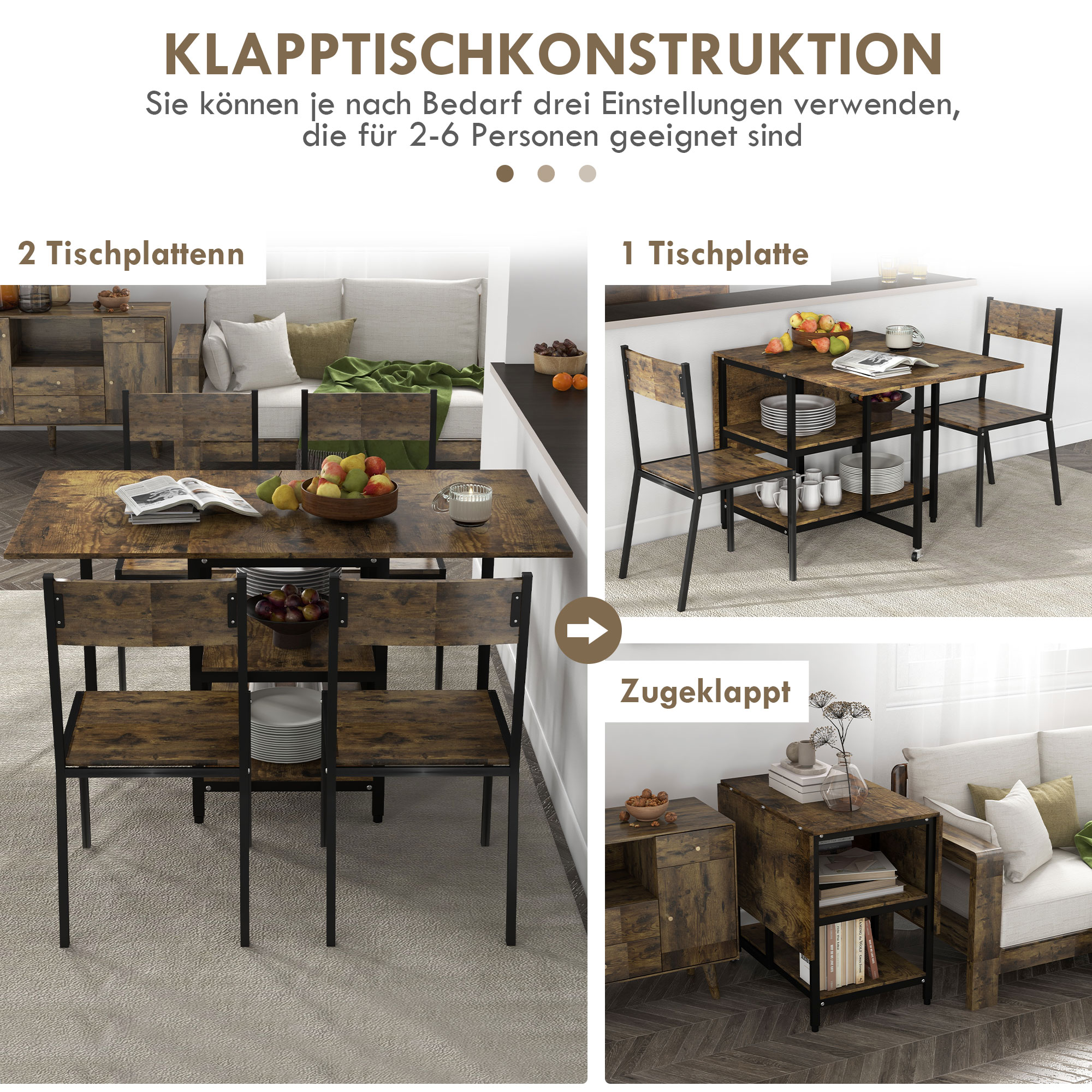 Klappbares Holztisch-Set mit Stühlen. Mehrere Konfigurationen, geeignet für 2-6 Personen.