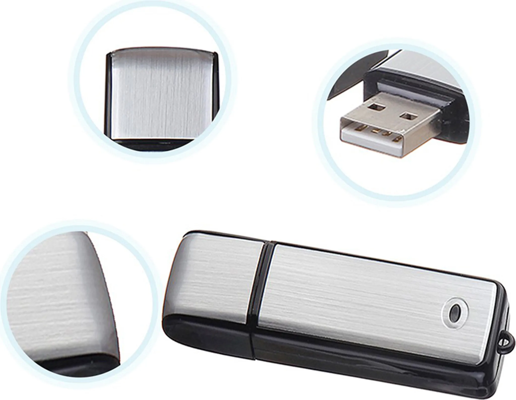 Silberner und schwarzer USB-Stick mit Nahaufnahmen in Kreisen.
