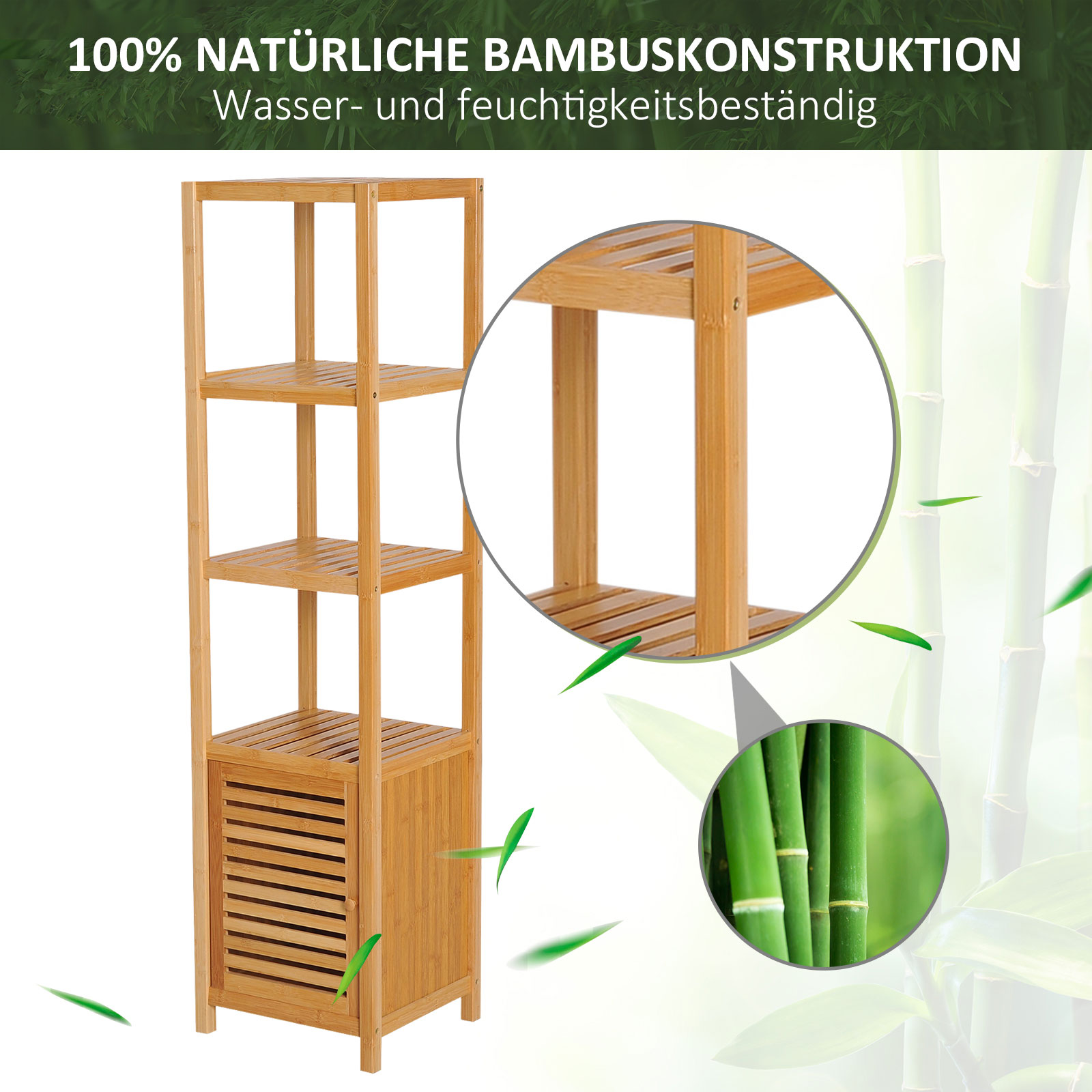 Bambusregal mit 4 Regalböden und einem Schrank. Text über Bambuskonstruktion und Wasserbeständigkeit.