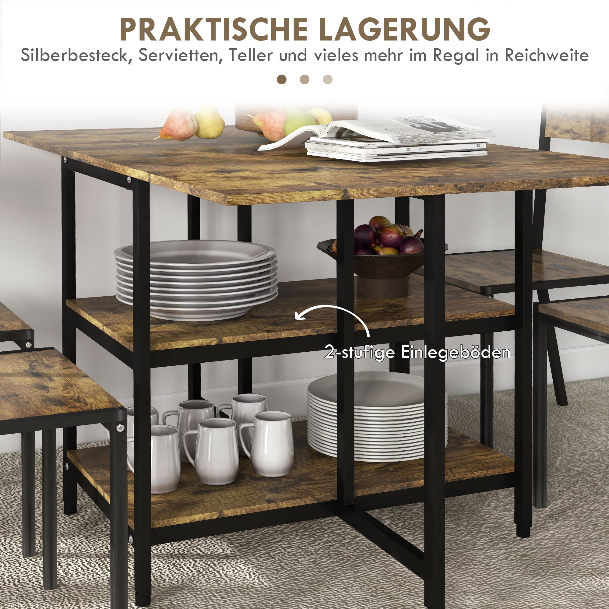 Holztisch mit schwarzem Metallrahmen, mit Tellern, Tassen und Früchten. Zwei Regale, mit Birnen und Äpfeln.