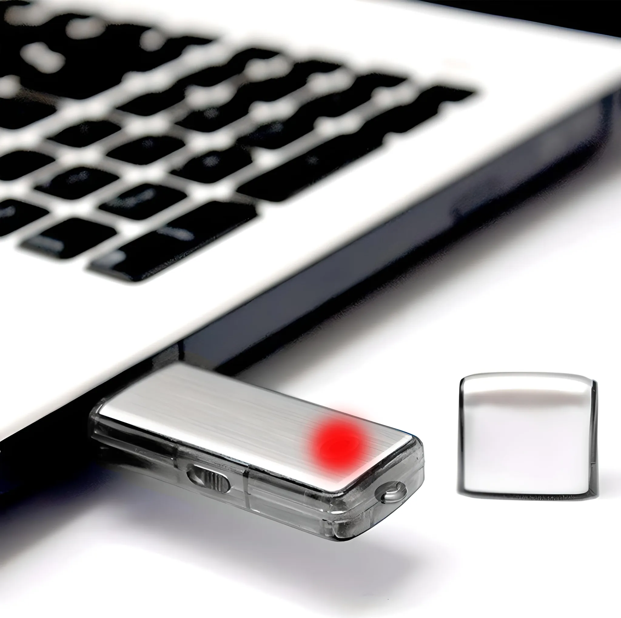 Silberner USB-Stick in einem Laptop. Rotes Licht zeigt Aktivität. Weißer Hintergrund.