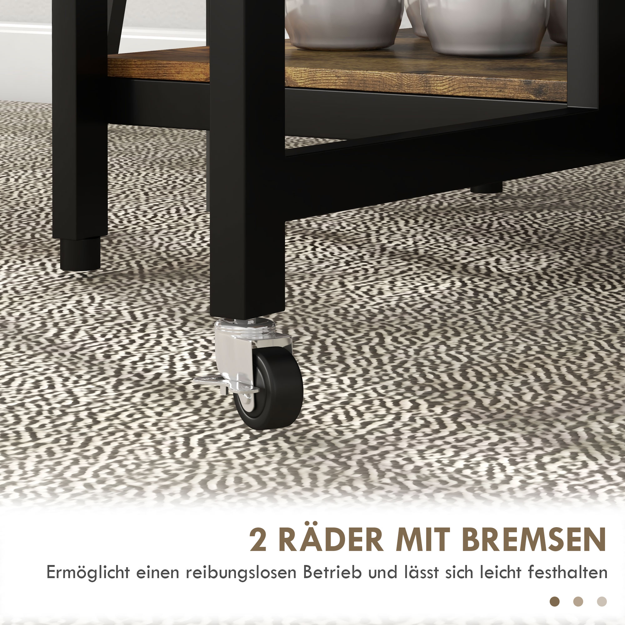 Eine Kücheninsel mit Rädern. Schwarzer Rahmen und Holzregal. Zeigt Räder auf gemustertem Teppich.